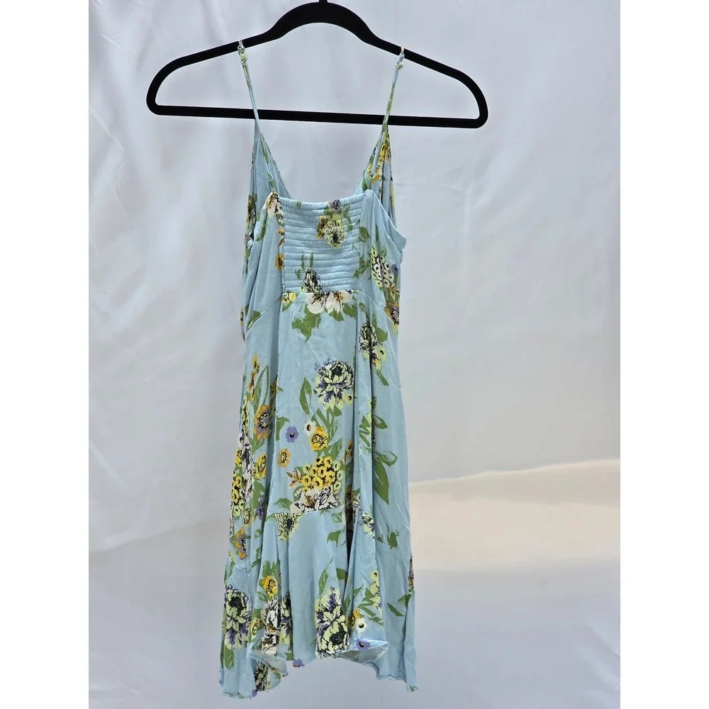 Free People Women Blue Floral Drawstring Smocked Back Mini Dress XS OB1125219